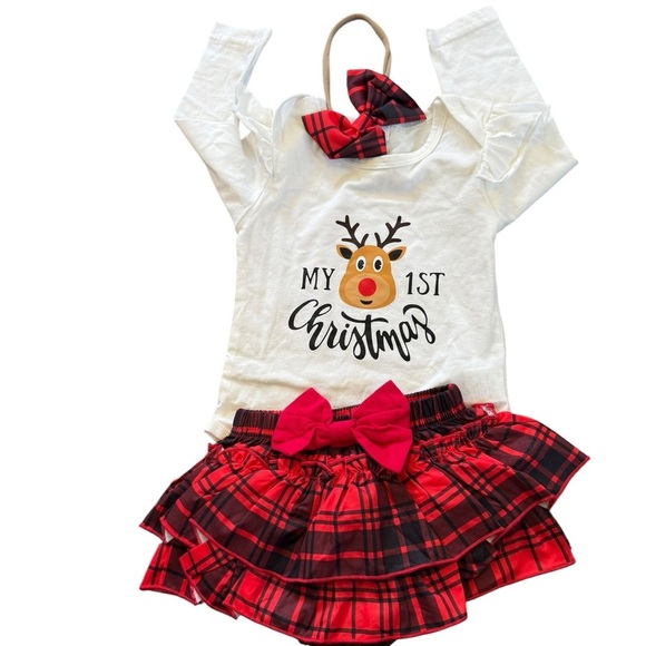 Festive Christmas Outfit with Plaid Skirt and Bow Size 12-18 months NWOT - Picture 2 of 9